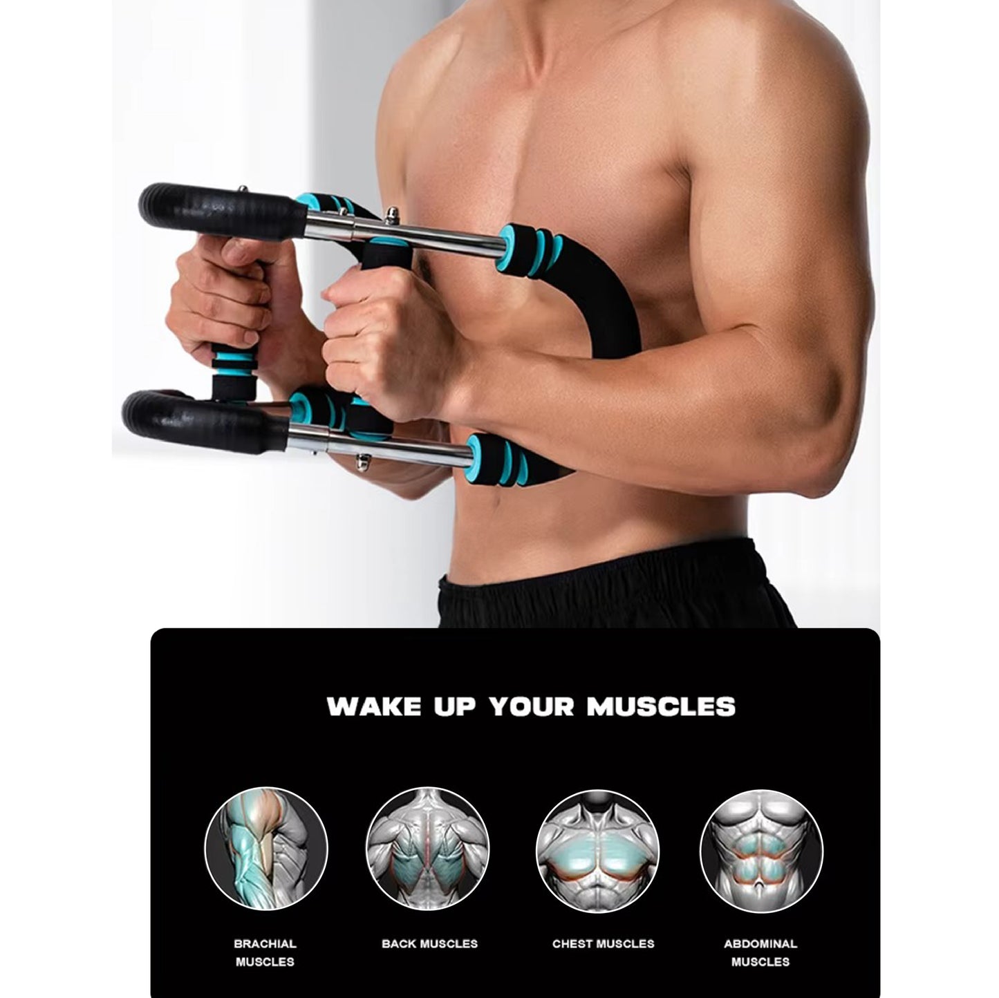 Person using a black and blue forearm strengthener using it for back muscles, chest muscles, abdominal muscles and forearm muscles. Grip strength trainer for workout equipment home gym.