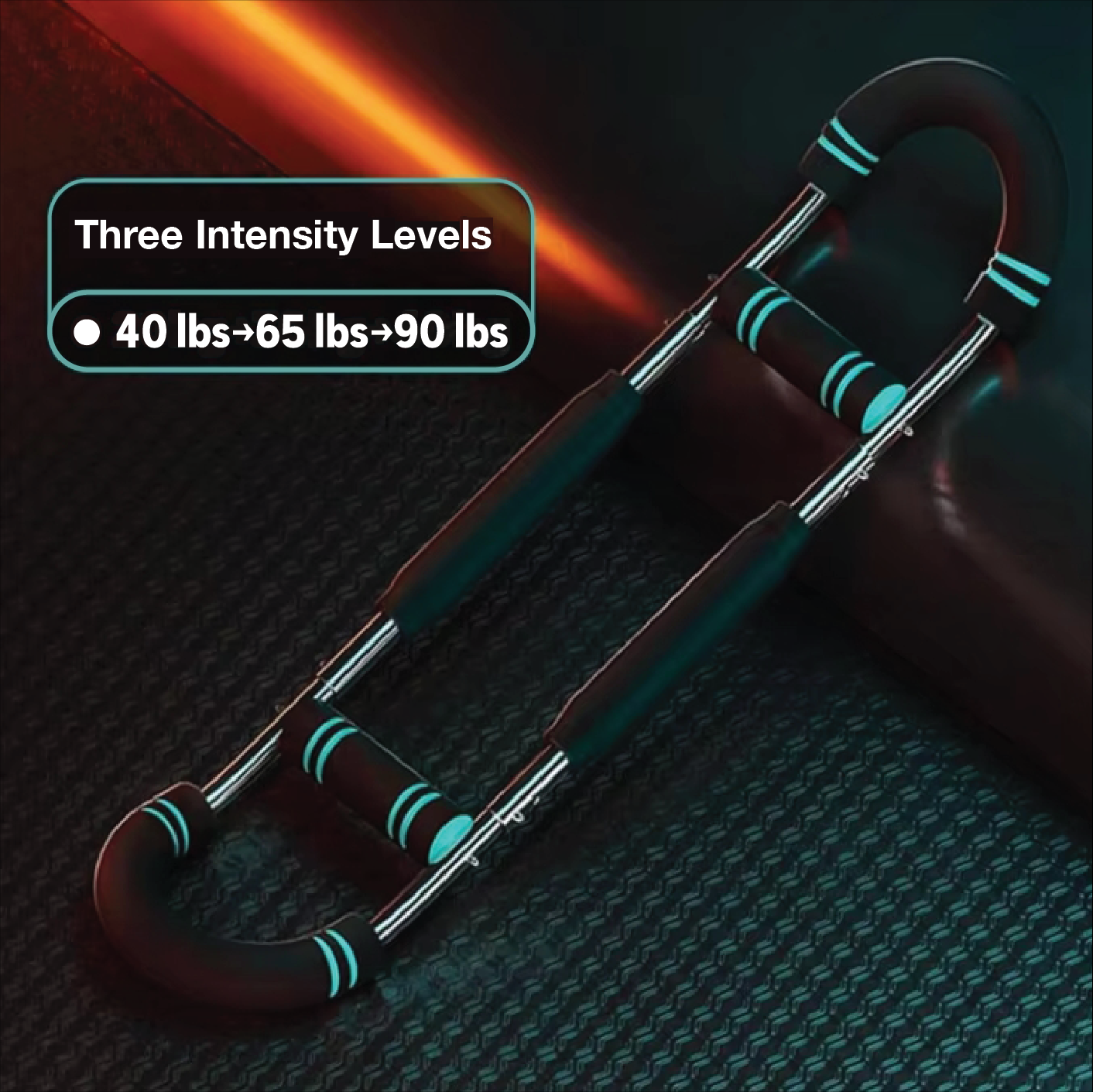 A Twister Arm Trainer with intensity level indicators of 40lbs, 65bs and 90lbs intensity. Showing a chest expander gym machines for home.