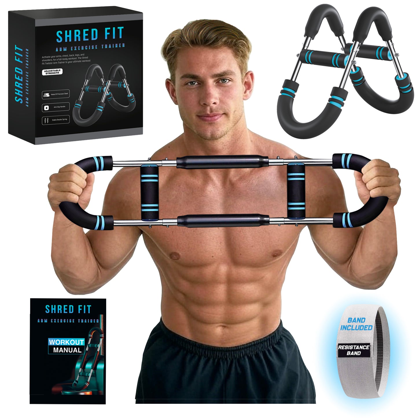 Man holding a Shred Fit product with packaging, manual, and resistance band displayed.