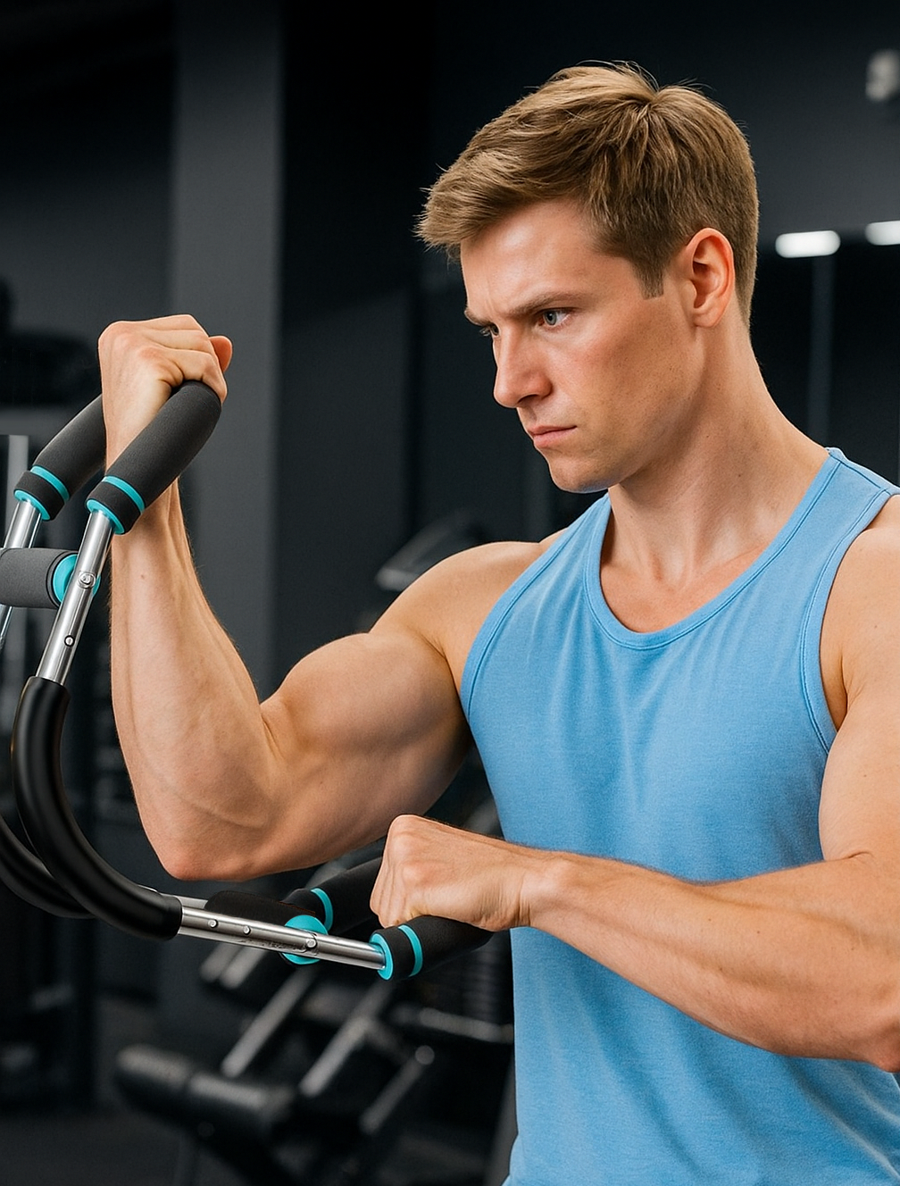 Man exercising with forearm strength trainer and forearm trainer while
strength training in a gym setting.